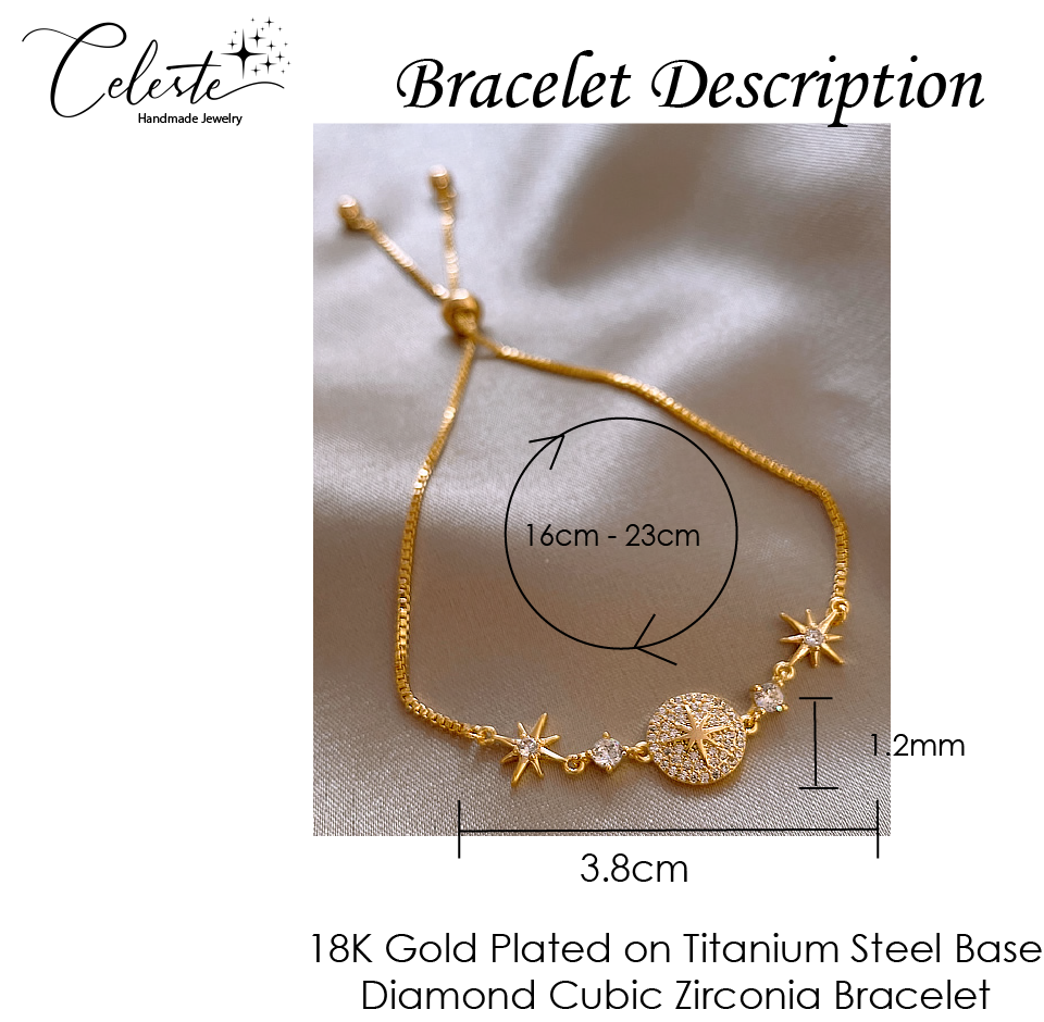 J - 18K Gold Plated Compass Star Diamond Bracelet Dainty Cubic Zirconia Crystal Titanium steel Gift