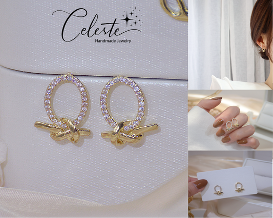 A - Gold Circle Bow Tie Earrings Crystal 925 Sterling Silver post Dainty Earring Gift