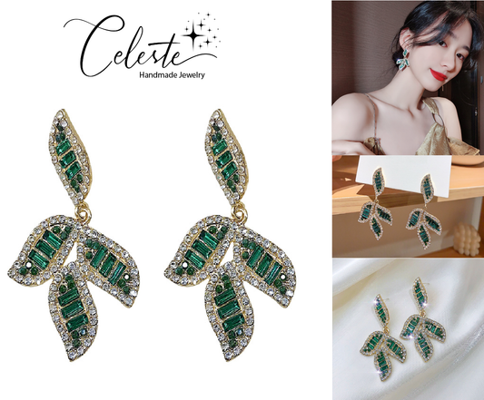 Green Leaf Crystal Beaded Earring Statement Modern Dangle Earrings Gift