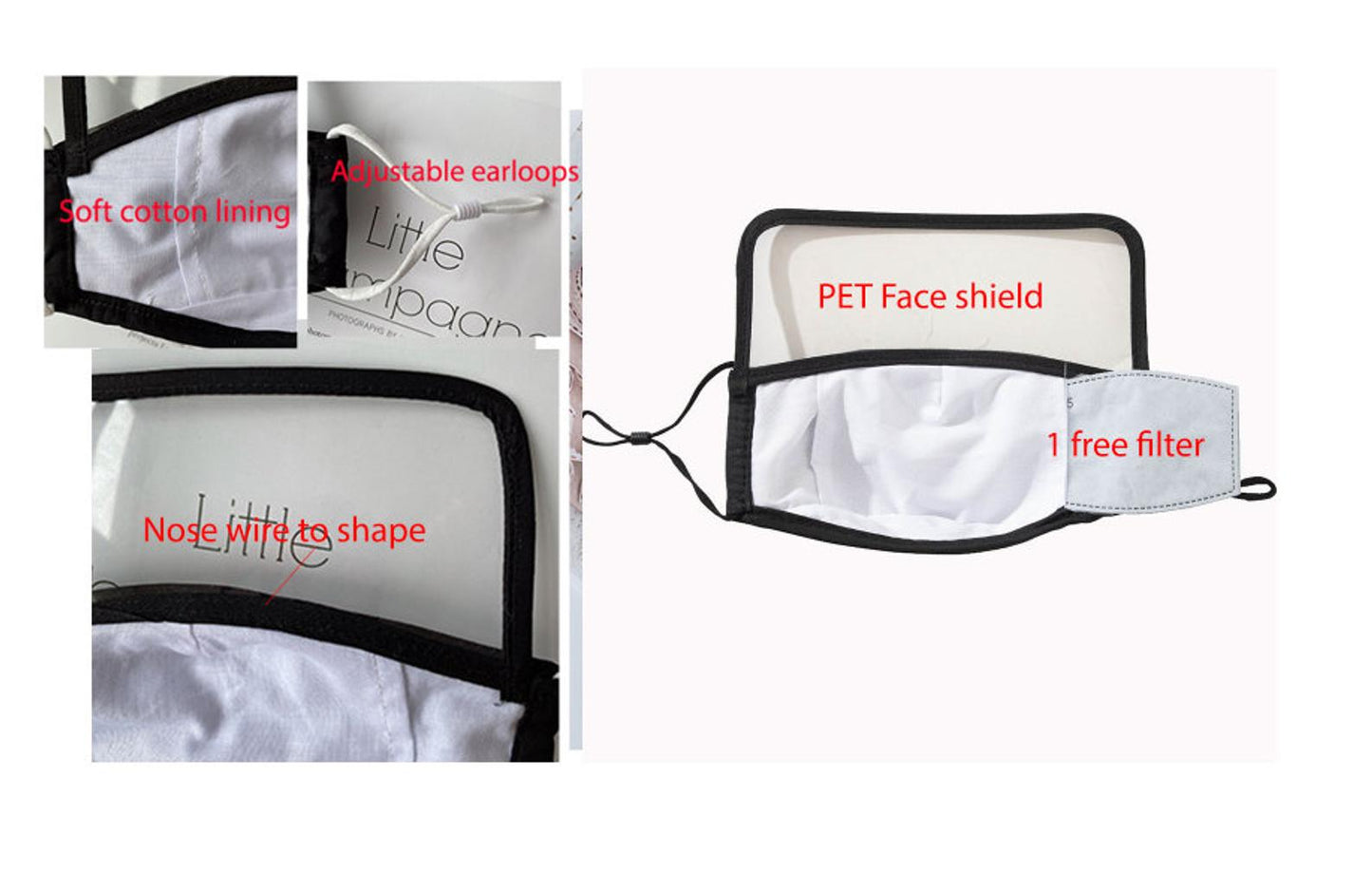 Cotton Face Shield Facemask Cloth face covering Black face mask w/ filter