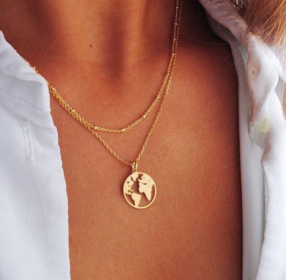 C - World Map Travel 18k Gold Plated or Silver Plated Alloy Necklace Pendant Traveling gift