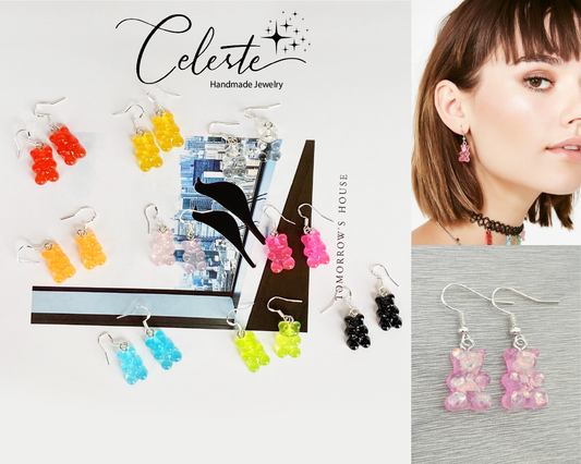 SSX - Gummy Bear Charm Earrings Teddy Sparkles Resin Handmade Hook Dangle Stud Earring Gift Kids Teens Adults
