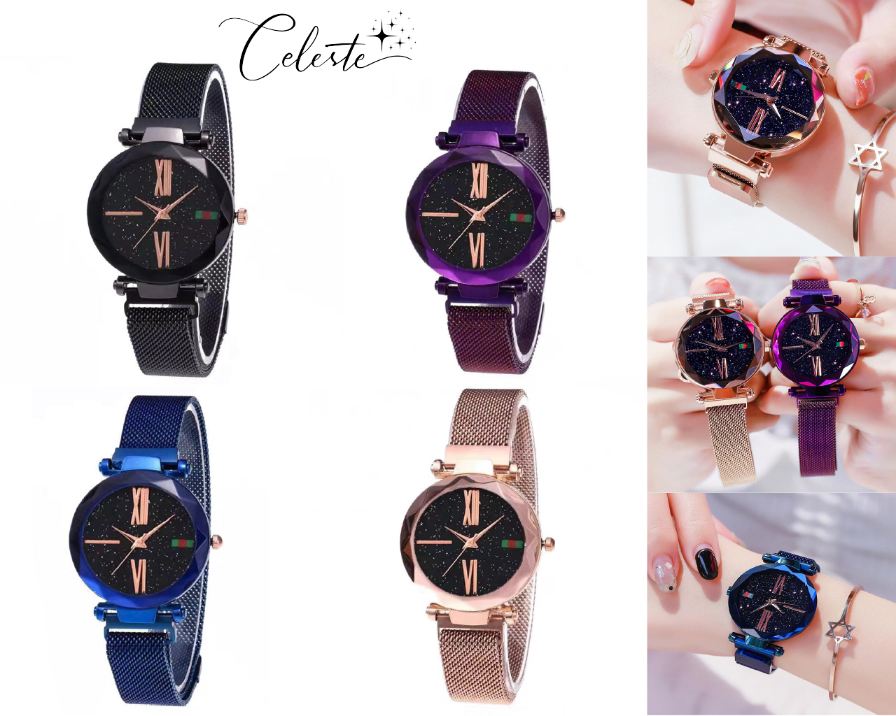 Star Dust Watch Adjustable Stainless Steel Bracelet Rose Gold, Blue, Black & Purple