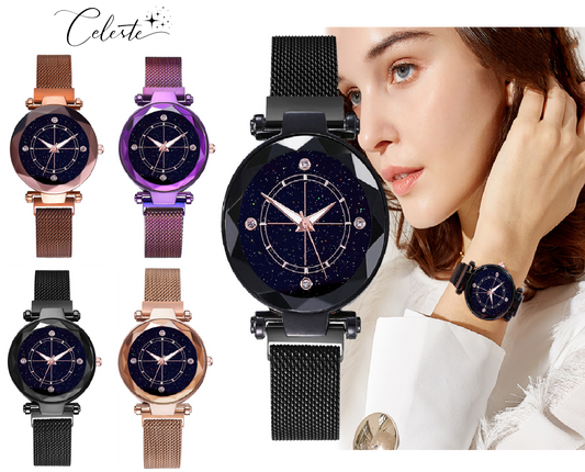 Star Dust Compass Crystal Watch Adjustable Stainless Steel Bracelet Rose Gold, Black, Chocolate and Purple