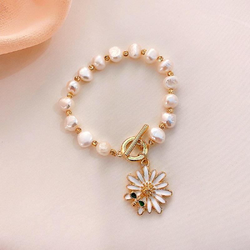 PL - Daisy Bee Charm Real Fresh Water Pearl Diamond Crystal Cubic Zirconia Gold bead Bracelet Gift