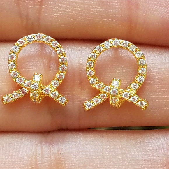 A - Circle Bow Knot 18K Gold plated Diamond Cubic Zirconia Crystal Earrings 925 Sterling Silver Dainty Earring