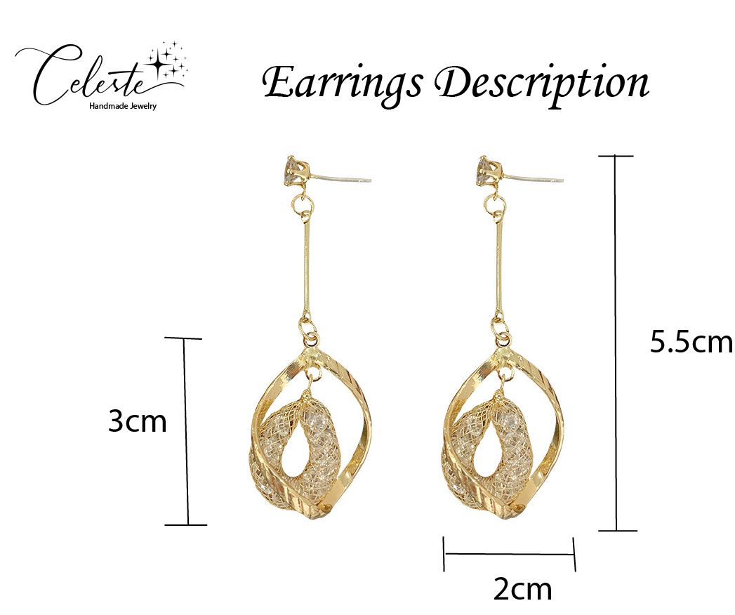 J - 10K Gold Plated Crystal Mesh Earrings 925 Sterling Silver Dangle Drop Earring Gift