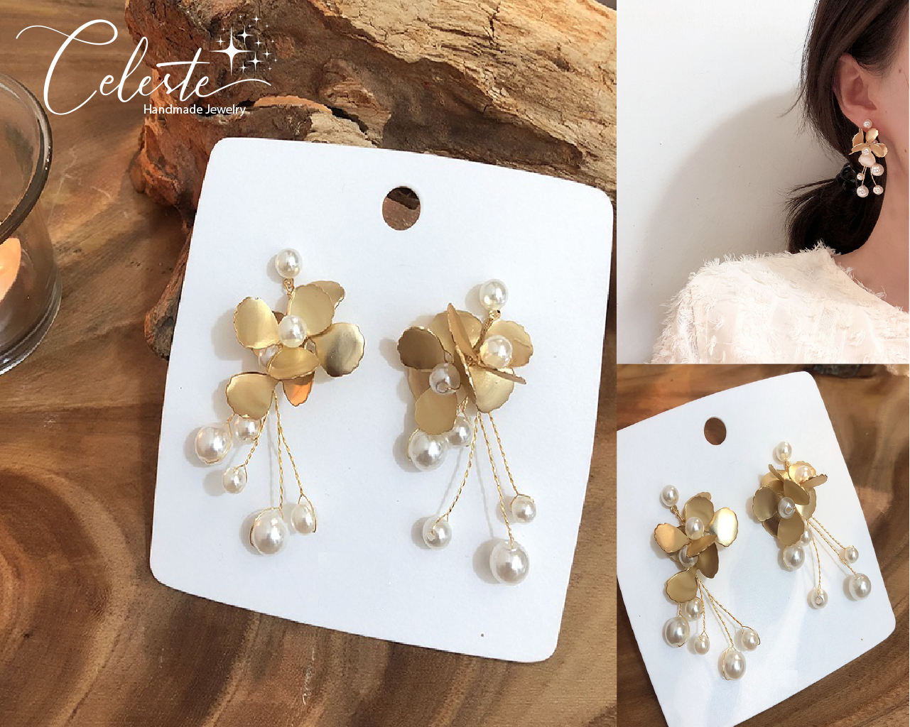 A - Gold Flower Pearls 3D Alloy Dangling Earrings Gift Elegant Modern Fashion Wedding