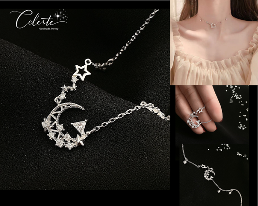 O - Crescent Moon Stars Crystal Necklace 925 Sterling Silver Galaxy Solar Universe Chocker Pendant Gift
