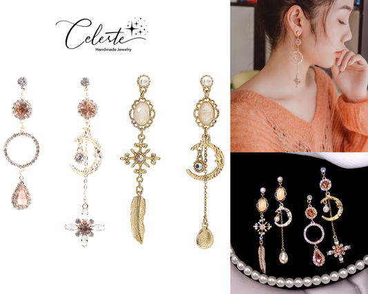 J - Asymmetrical Celestial Crystal Earrings Moon Stars Gold Alloy Rhinestone Fashion Earring Gift