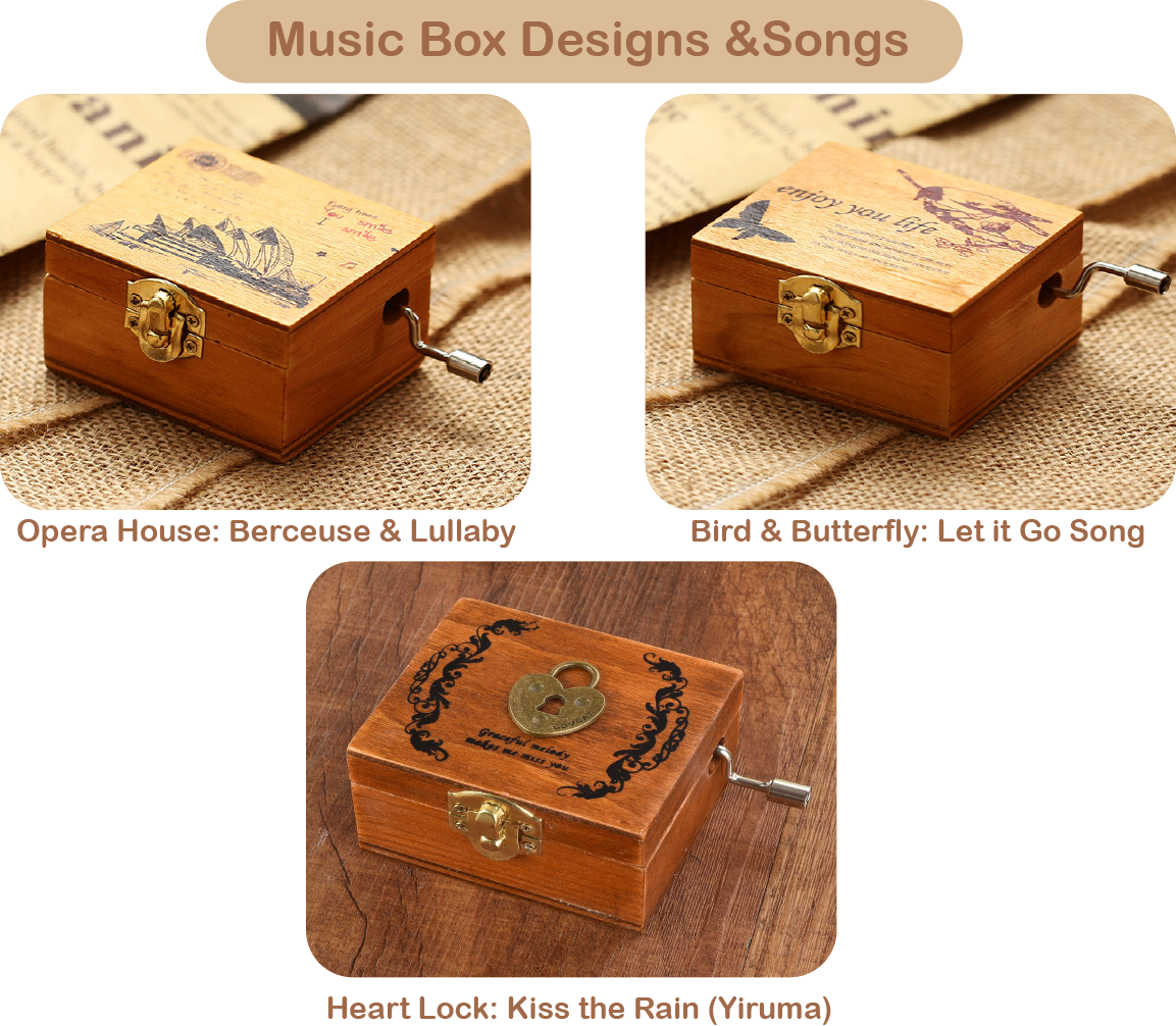 Wood Music Box Handwinde Fun Learning Frozen Eiffle Tower Black Castle Opera Butterfly Heart Lock