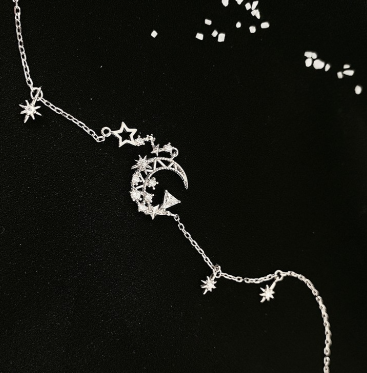 O - Crescent Moon Stars Crystal Necklace 925 Sterling Silver Galaxy Solar Universe Chocker Pendant Gift