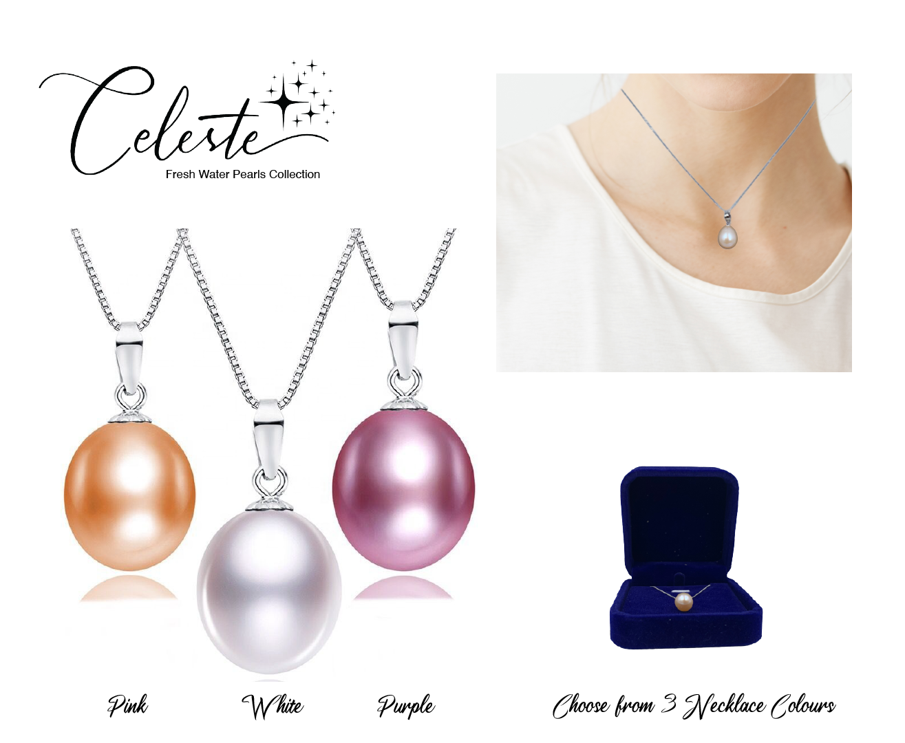 PA - Real Drop Pearl Pendant With 925 Sterling Silver Chain Necklace White, Pink, or Purple Celeste 925 Fresh Water Pearls Collection Sterling Silver gift box