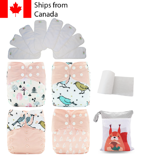 14pc Full Set Pocket Includes: 4pc Cloth Diaper, 8pc Microfleece Liners, 1pc Disposable Diaper liner, and 1pc Wet Bag