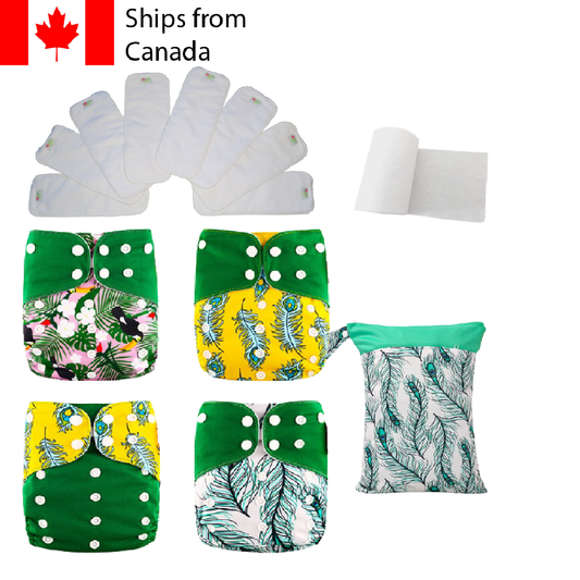 14pc Full Set Pocket Includes: 4pc Cloth Diaper, 8pc Microfleece Liners, 1pc Disposable Diaper liner, and 1pc Wet Bag