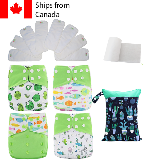 14pc Full Set Pocket Includes: 4pc Cloth Diaper, 8pc Microfleece Liners, 1pc Disposable Diaper liner, and 1pc Wet Bag