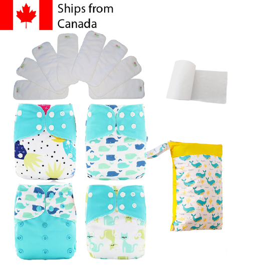 14pc Full Set Pocket Includes: 4pc Cloth Diaper, 8pc Microfleece Liners, 1pc Disposable Diaper liner, and 1pc Wet Bag