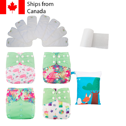 14pc Full Set Pocket Includes: 4pc Cloth Diaper, 8pc Microfleece Liners, 1pc Disposable Diaper liner, and 1pc Wet Bag