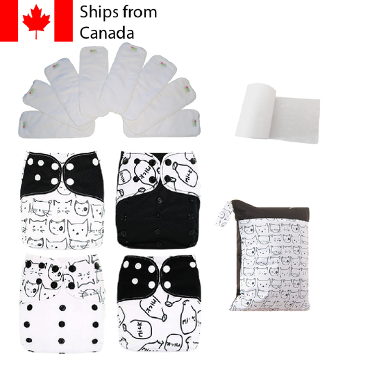 14pc Full Set Pocket Includes: 4pc Cloth Diaper, 8pc Microfleece Liners, 1pc Disposable Diaper liner, and 1pc Wet Bag