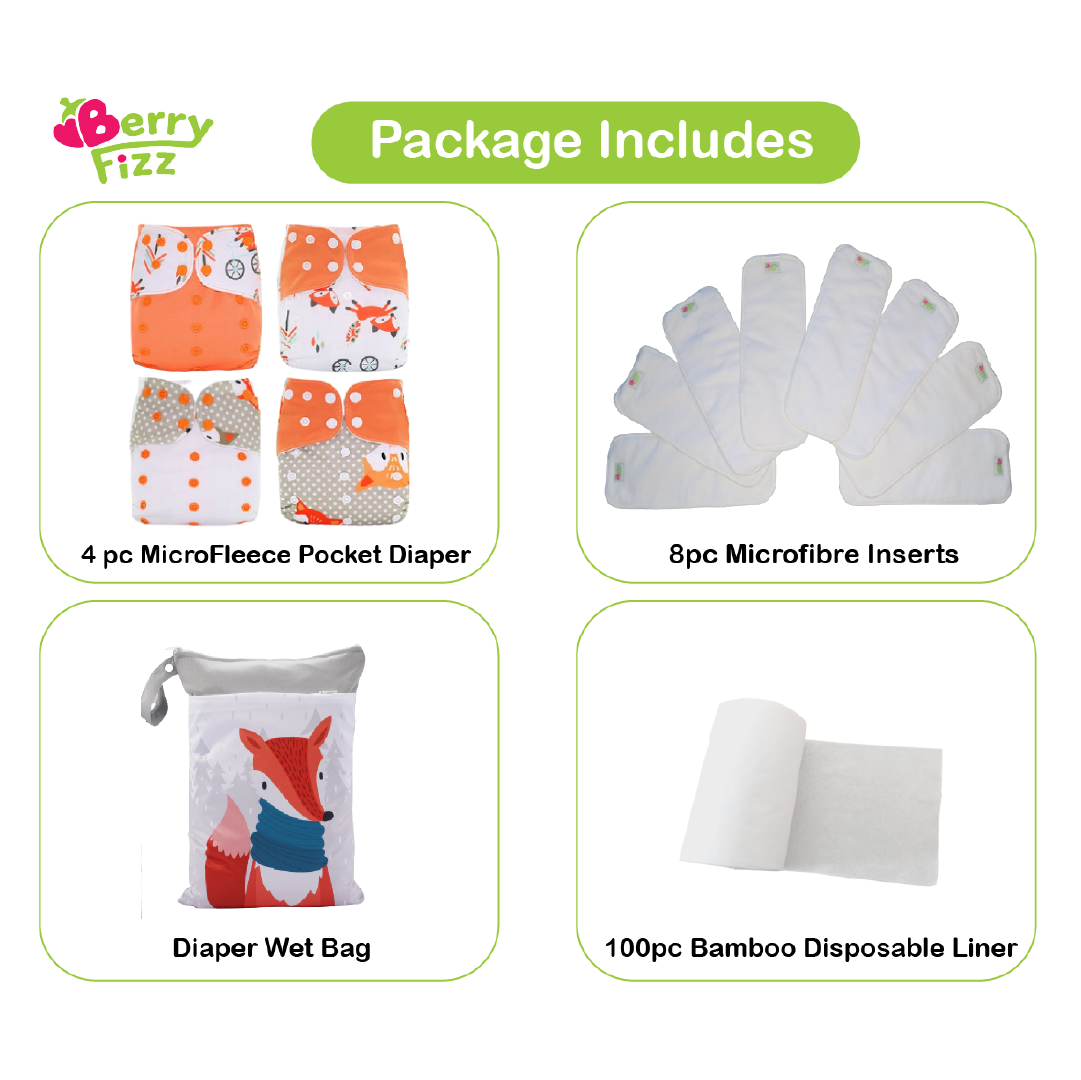 14pc Full Set Pocket Includes: 4pc Cloth Diaper, 8pc Microfleece Liners, 1pc Disposable Diaper liner, and 1pc Wet Bag