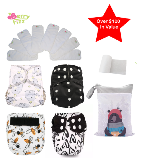 14pc Cloth Diaper Full Set Pocket Includes: 4pc Cloth Diaper, 8pc Insert Liners, 1pc Disposable Diaper liner, and 1pc Wet Bag