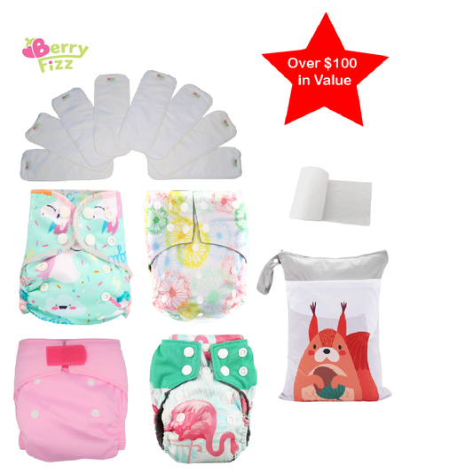 14pc Cloth Diaper Full Set Pocket Includes: 4pc Cloth Diaper, 8pc Insert Liners, 1pc Disposable Diaper liner, and 1pc Wet Bag