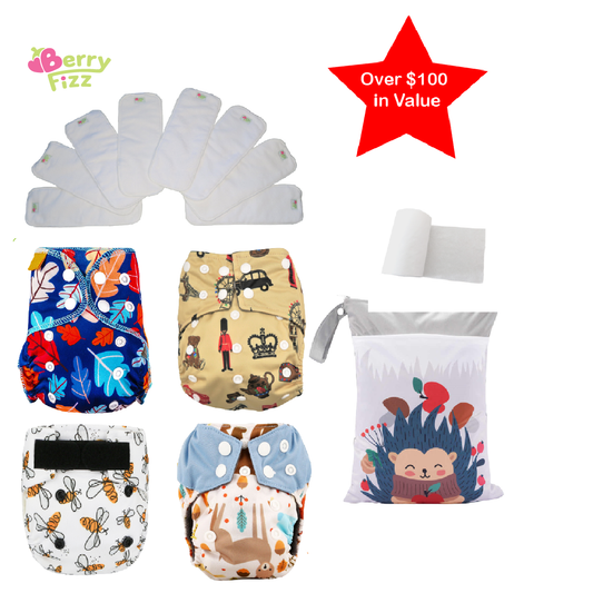 14pc Cloth Diaper Full Set Pocket Includes: 4pc Cloth Diaper, 8pc Insert Liners, 1pc Disposable Diaper liner, and 1pc Wet Bag