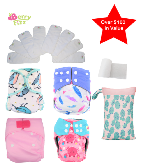 14pc Cloth Diaper Full Set Pocket Includes: 4pc Cloth Diaper, 8pc Insert Liners, 1pc Disposable Diaper liner, and 1pc Wet Bag