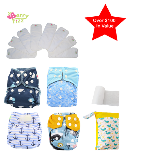 14pc Cloth Diaper Full Set Pocket Includes: 4pc Cloth Diaper, 8pc Insert Liners, 1pc Disposable Diaper liner, and 1pc Wet Bag