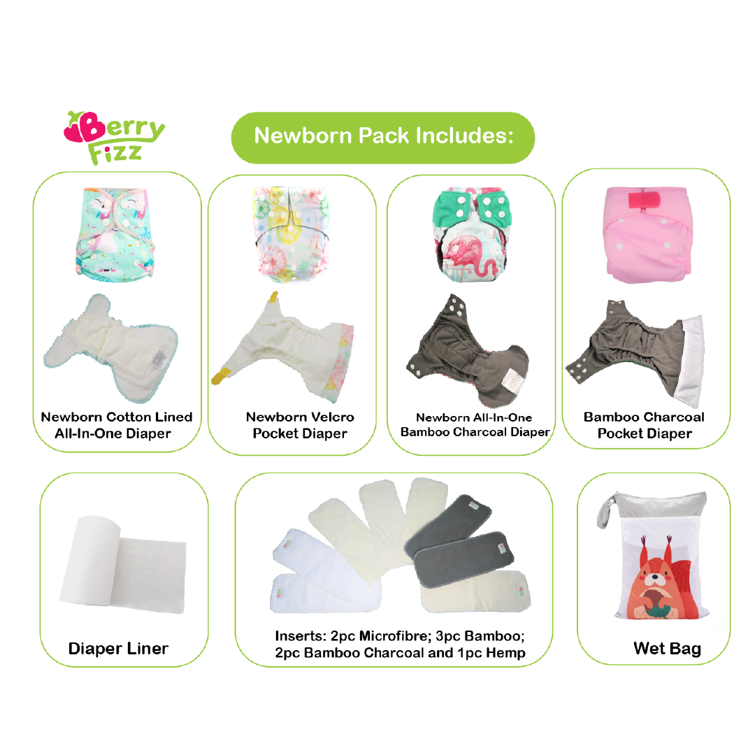 14pc Cloth Diaper Full Set Pocket Includes: 4pc Cloth Diaper, 8pc Insert Liners, 1pc Disposable Diaper liner, and 1pc Wet Bag