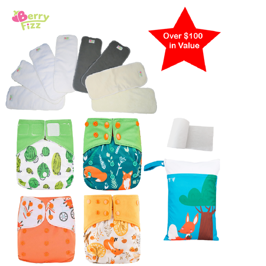 14pc Cloth Diaper Full Set Pocket Includes: 4pc Cloth Diaper, 8pc Insert Liners, 1pc Disposable Diaper liner, and 1pc Wet Bag