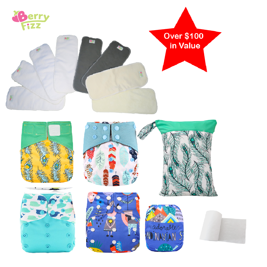 14pc Full Set Cloth Diaper Pocket & All-in-one AOI Pack Liner Wet Bag Mixed Inserts CUDDLE PACK