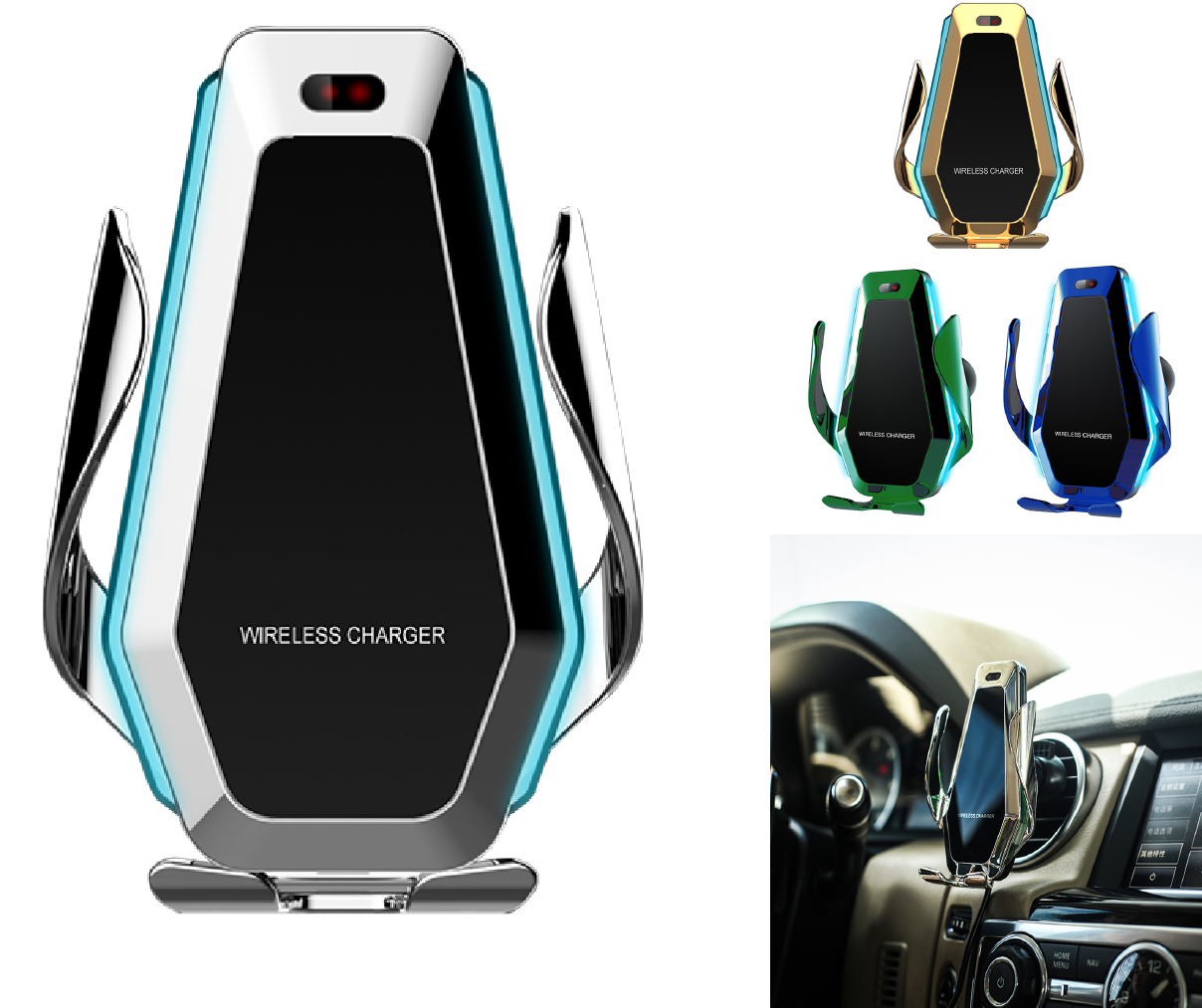 Wireless Phone Holder Car Charger Automatic Clamping Mount Charger Gold Silver Green Blue