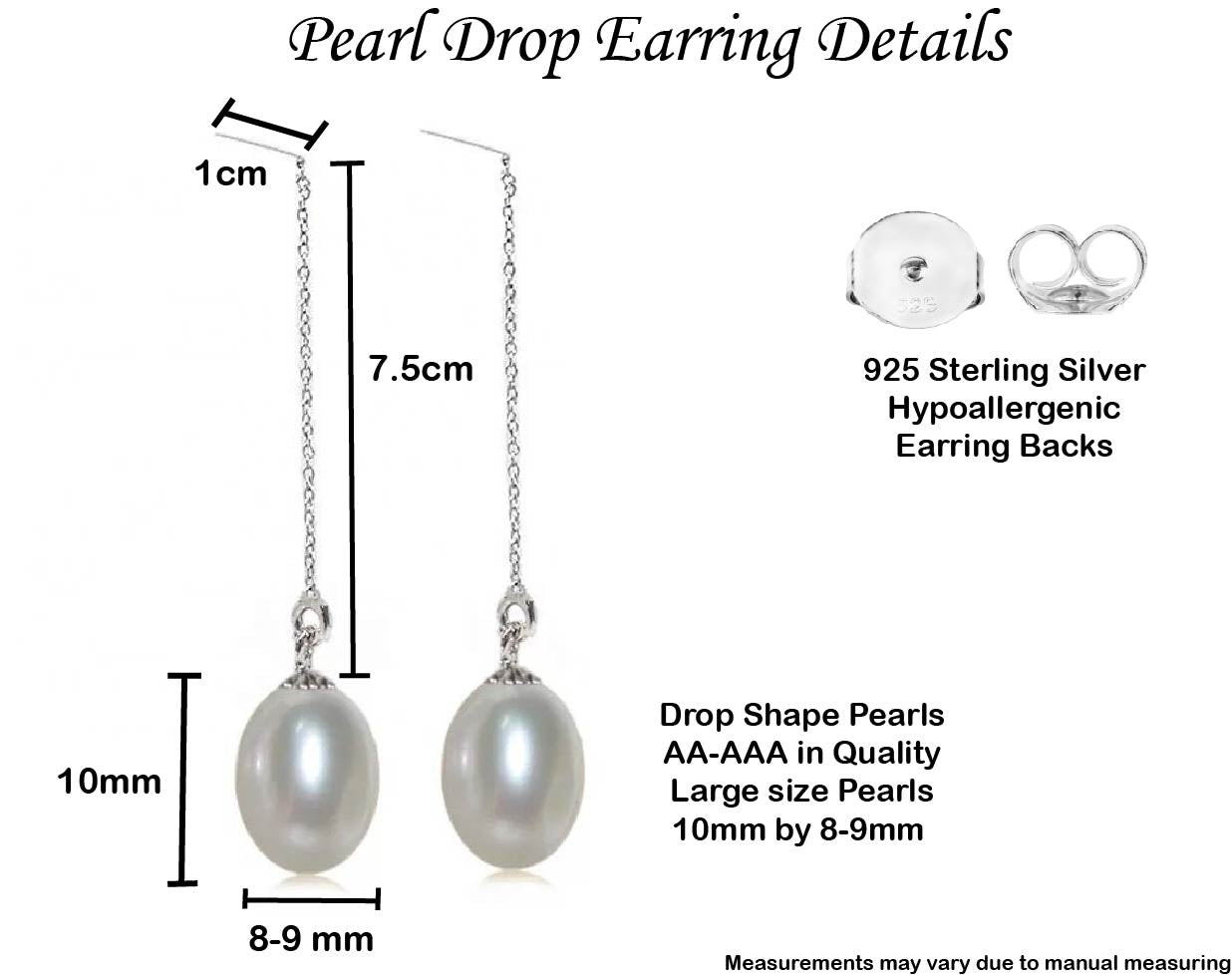 PL - Real Pearl Earrings Celeste White drop dangle Pearls Earring 925 Sterling Silver gift box 8-10mm