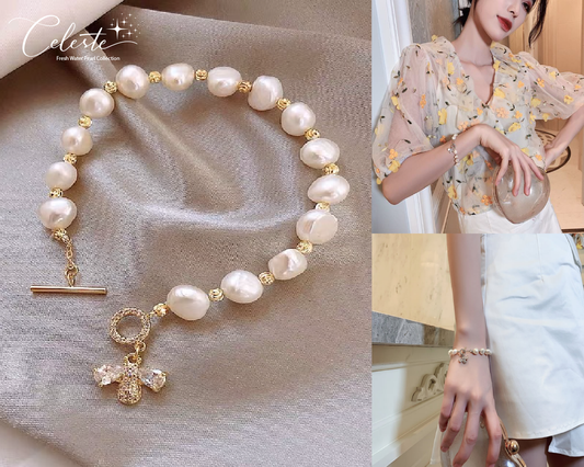 V - Bee Charm Real Fresh Water Pearl Diamond Crystal Cubic Zirconia Gold bead Bracelet Gift