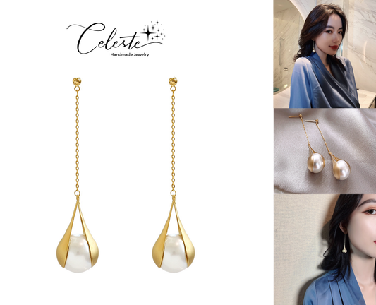 E - Trendy Gold Water Drop Earrings French Elegant Long Tassel Pearl Dangle Earrings Jewelry