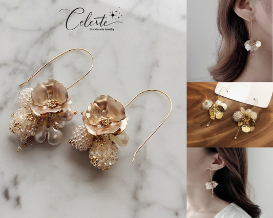 A - Gold Flower Pearl Drop Earrings French Elegant Long Tassel Pearl Dangle Earrings Jewelry