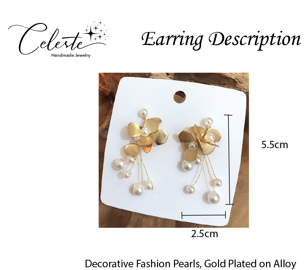 A - Gold Flower Pearls 3D Alloy Dangling Earrings Gift Elegant Modern Fashion Wedding