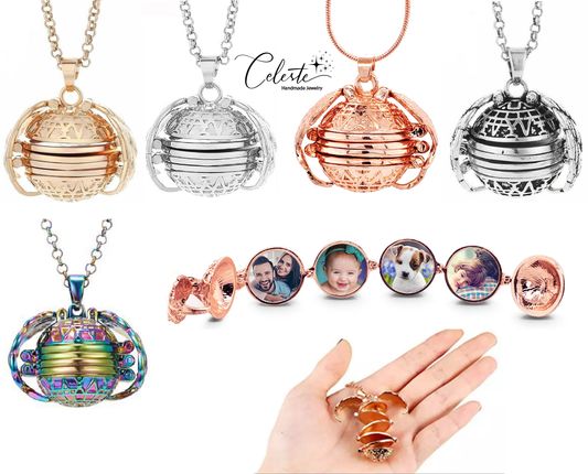 O - Expanding Photo Locket Angel Wings Ball Pendant Necklace 4-8 photos Rose Gold Silver Rainbow Gift