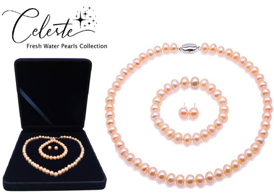 PA - Real Pearl Full Set Pink Necklace Bracelet Earring Celeste 925 Sterling Silver Pearls gift box