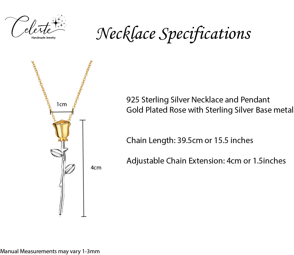 G - Rose Stem Necklace 18K Gold Plated on 925 Sterling Silver Belle Beauty & the Beast Pendant Gift