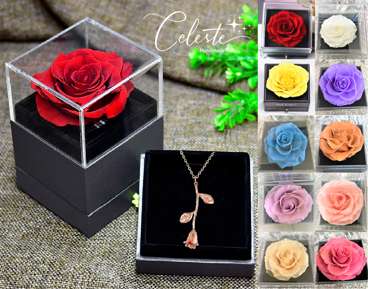 G - Eternal Rose Gift Set Real Preserved Flower with Gold, Rose Gold or Silver Plated Necklace Gifts