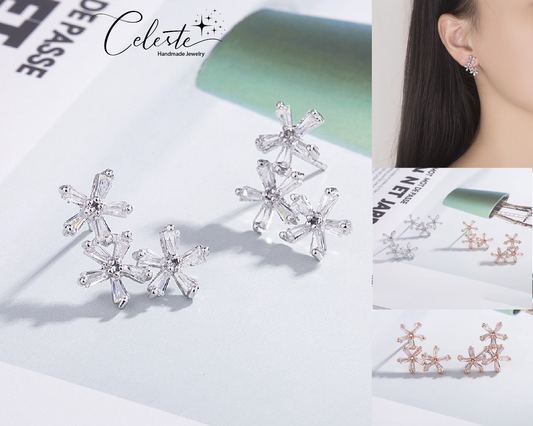 E - Flower Diamond Crystal 925 Sterling Silver Cubic Zirconia Stud Earrings Gift