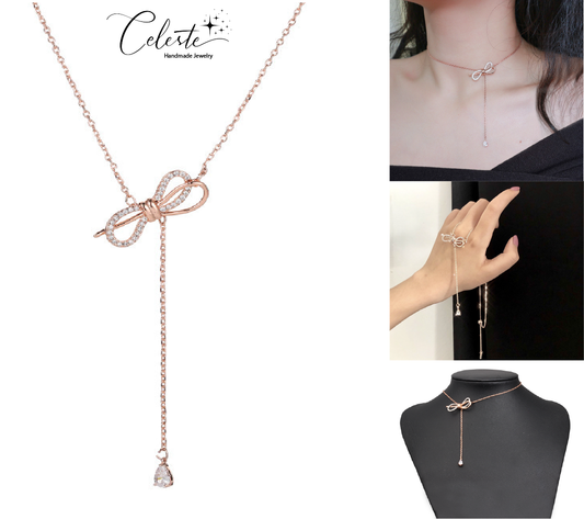 C - Rose Gold Crystal Butterfly Bow Tassel Chocker Alloy Necklace Pendant Birthday Wedding Gift