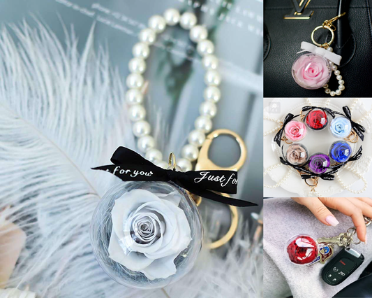 N - Real Preserved Rose Handmade Gift Glass Ball Pearl Hand Bag Charm Keychain Gifts