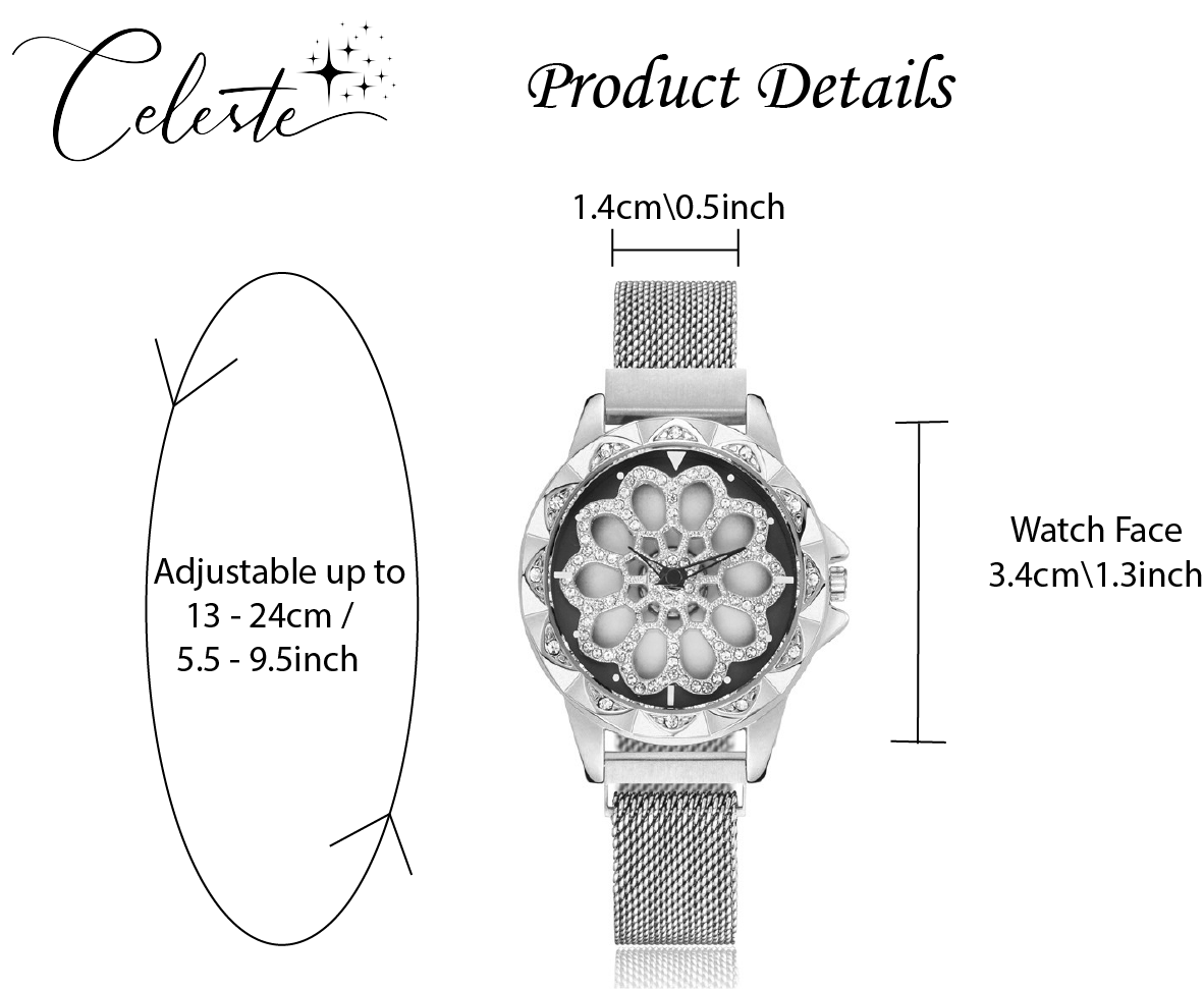 Rotating Crystal Flower Wrist Watch Adjustable Stainless Steel Bracelet Rose Gold, Black, Silver, Blue & Purple