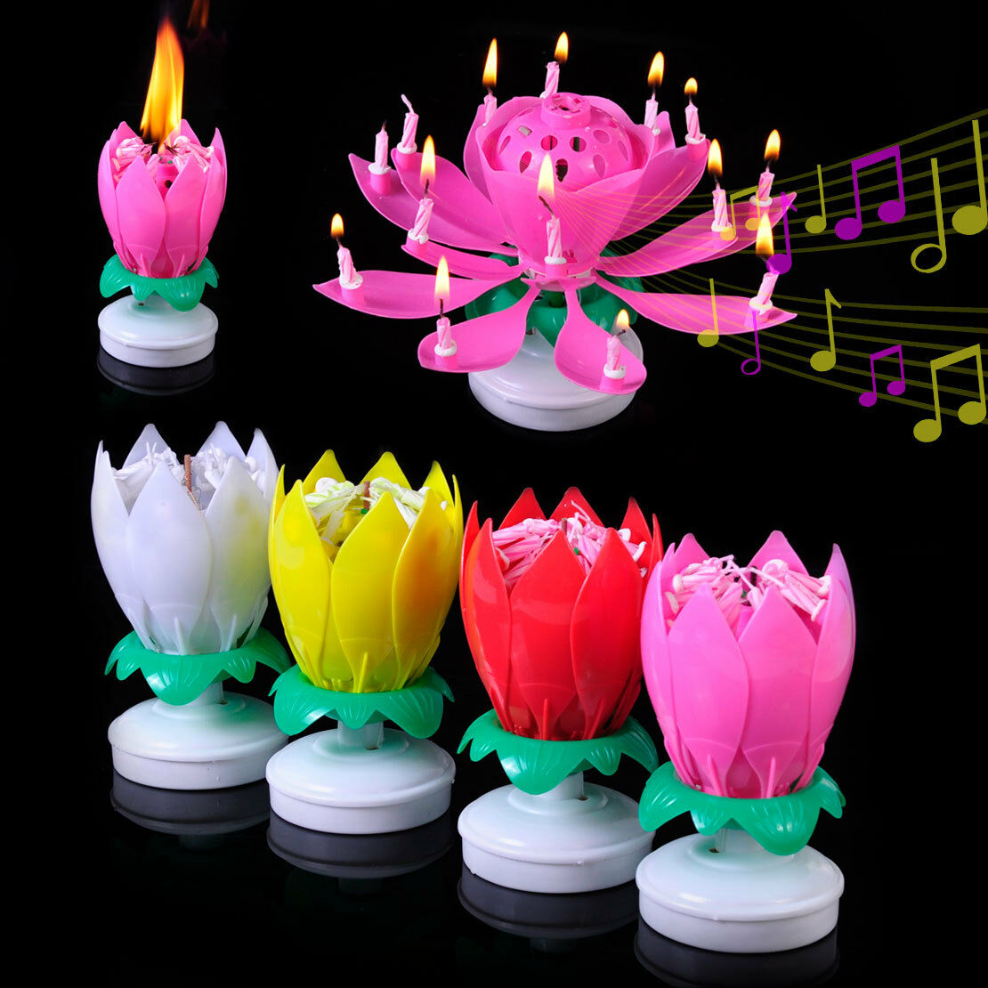 Pink Lotus Birthday Candle Musical Rotating Singing Music Happy BDay Flower Light Candles