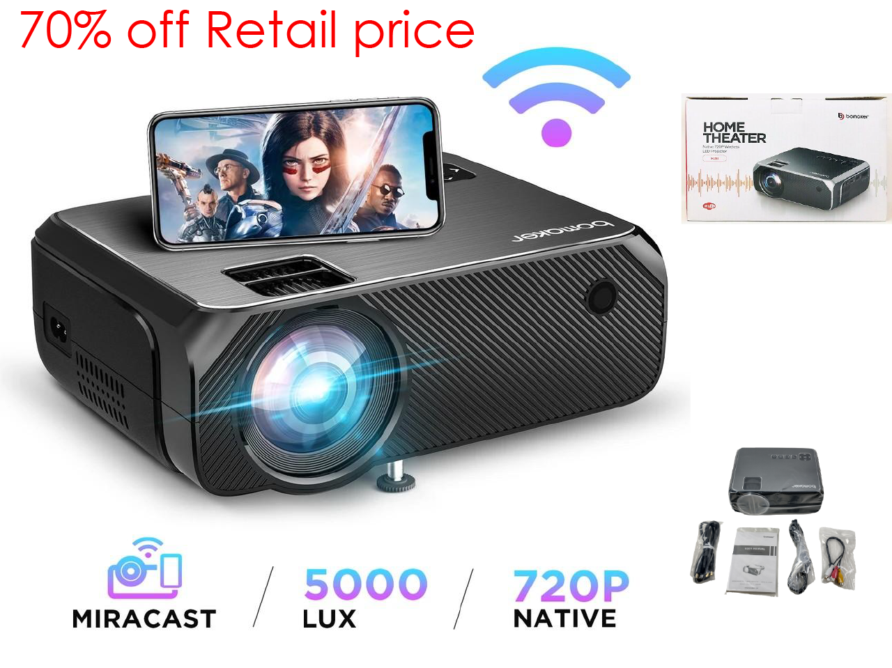 E - GC355 Bomaker Home Theater Projector 720P HD HDTV WIFI Portable Mini Movie Indoor Outdoor Connect TV Cellphone Laptop Tablet