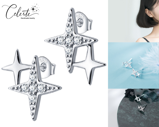 N - Diamond Stars 925 Sterling Silver Needle Post Cubic Zirconia Stud Earrings Gift