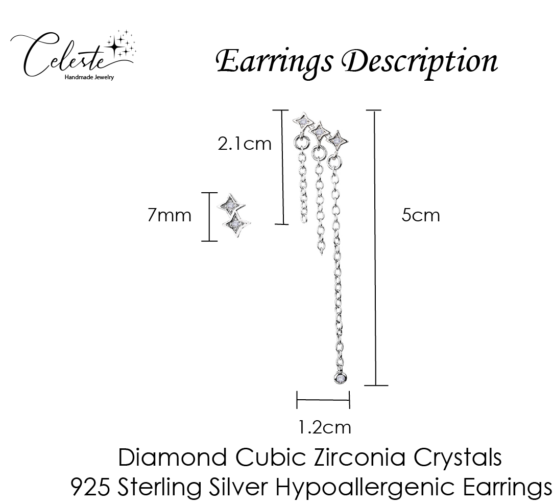 F - Stars Cubic Zirconia Asymmetrical Earrings 925 Sterling Silver Earring Gift